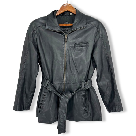 Vintage Y2K Black Leather Jacket Sz L Tie Belt Zip Funnel Neck by Preston & York - Picture 3 of 16